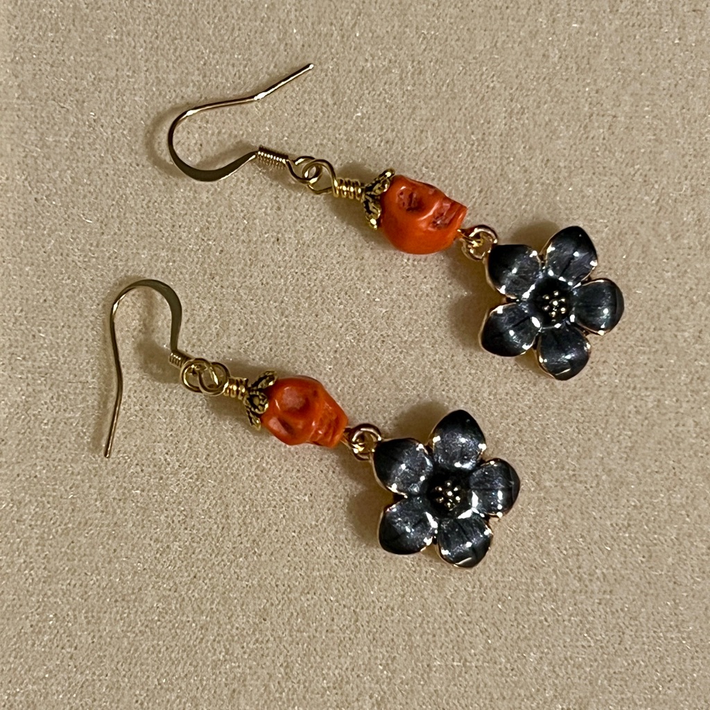 New Spooky Orange Skull & Black Dahlia Dangle Earrings